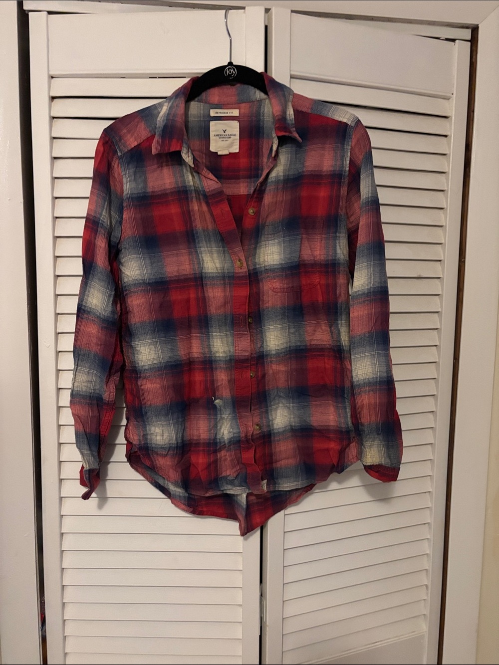American Eagle Outfitters Red and Navy Plaid Boyfriend Fit Shirt